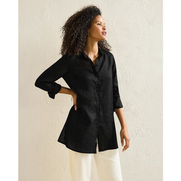 Garnet Hill Easy Linen Tunic XL‎ Black Button Front Long Sleeve Linen 2025 - Picture 1 of 16